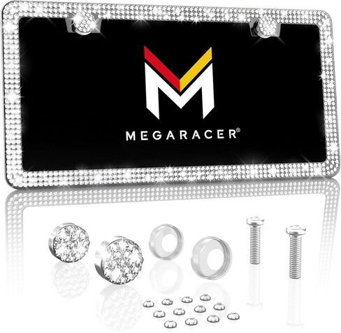 إطار لوحة الترخيص Mega Racer White Bling 2 Pack - 650 قطعة من أحجار الراين الكريستالية الفاخرة، فتحتين من الفولاذ المقاوم للصدأ مقاومة للطقس in Kuwait