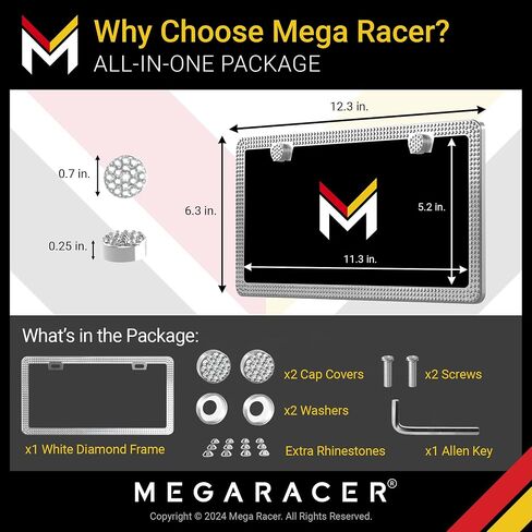 إطار لوحة الترخيص Mega Racer White Bling 2 Pack - 650 قطعة من أحجار الراين الكريستالية الفاخرة، فتحتين من الفولاذ المقاوم للصدأ مقاومة للطقس in Kuwait