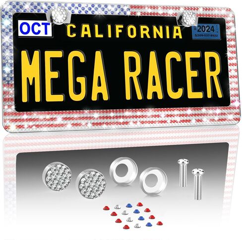 إطار لوحة الترخيص Mega Racer White Bling 2 Pack - 650 قطعة من أحجار الراين الكريستالية الفاخرة، فتحتين من الفولاذ المقاوم للصدأ مقاومة للطقس in Kuwait