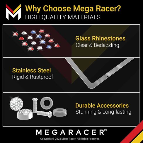 إطار لوحة الترخيص Mega Racer White Bling 2 Pack - 650 قطعة من أحجار الراين الكريستالية الفاخرة، فتحتين من الفولاذ المقاوم للصدأ مقاومة للطقس in Kuwait
