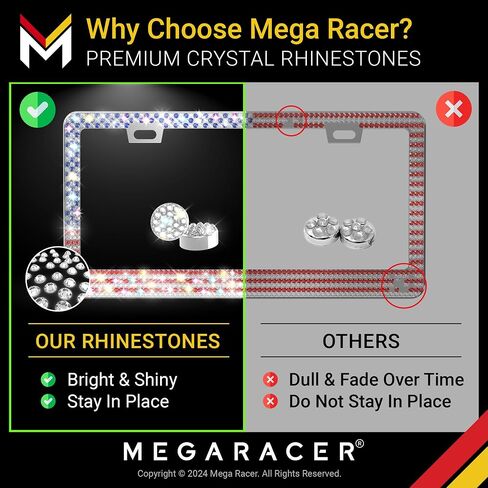 إطار لوحة الترخيص Mega Racer White Bling 2 Pack - 650 قطعة من أحجار الراين الكريستالية الفاخرة، فتحتين من الفولاذ المقاوم للصدأ مقاومة للطقس in Kuwait