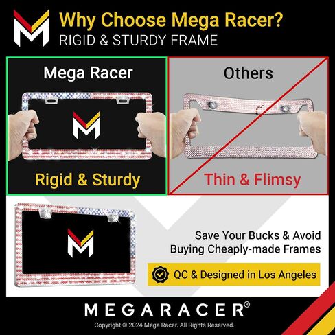 إطار لوحة الترخيص Mega Racer White Bling 2 Pack - 650 قطعة من أحجار الراين الكريستالية الفاخرة، فتحتين من الفولاذ المقاوم للصدأ مقاومة للطقس in Kuwait