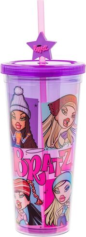Silver Buffalo MGA Bratz Plastic Cold Cup with Lid and Bratz Logo Straw Topper Featuring Cloe, Yasmin, Jade, and Sasha, 24 Ounces in Saudi Arabia