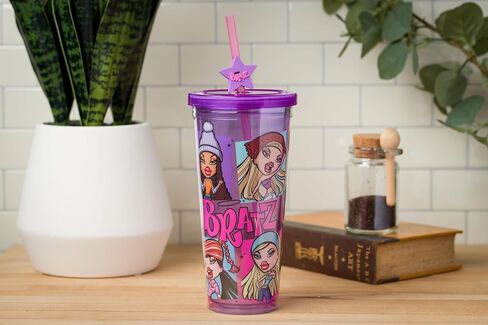 Silver Buffalo MGA Bratz Plastic Cold Cup with Lid and Bratz Logo Straw Topper Featuring Cloe, Yasmin, Jade, and Sasha, 24 Ounces in Saudi Arabia