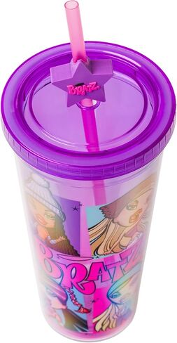 Silver Buffalo MGA Bratz Plastic Cold Cup with Lid and Bratz Logo Straw Topper Featuring Cloe, Yasmin, Jade, and Sasha, 24 Ounces in Saudi Arabia