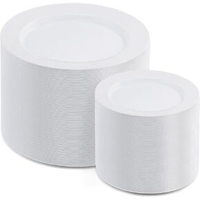 AOZITA 200pcs White Plastic Plates, Disposable Plates for Party, Heavy Duty Plastic Plates - 100 Dinner Plates and 100 Salad Plates, for Weddings, Parties and Events