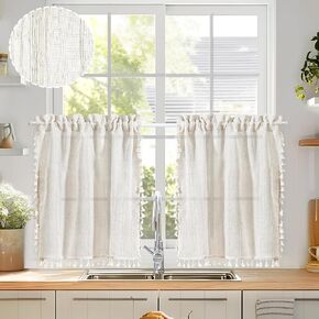 Deconovo Boho Stripe Textured Linen Tier Curtains with Tassel, Farmhouse Rod Pocket Short Kitchen Curtains for Laundry Room, 26x36 Inch, 2 Panels, Flaxen