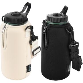 Beautyflier 2pcs Neoprene Water Bottle Sleeve Insulator Cooler, Compatible with Nalgene Water Bottle 32OZ, with Adjustable Shoulder Strap for Hydro Flask Wide Mouth Bottle 32oz, etc. (Black, 2pcs)
