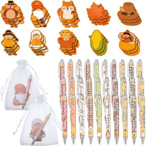 Zhanmai 30 Set Fall Party Gifts Include 30 Thanksgiving Day Ballpoint Pens 30 Autumn Sticky Note 30 Organza Bag Pumpkin Retractable Pen Maple Leaf Note Pad for Thanksgiving Harvest Party Gift Supplies