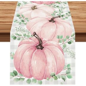 Linen Pink Buffalo Check Pumpkin Fall Table Runner Autumn Thanksgiving Friendsgiving Harvest Festival Decorations and Supplies for Home Kitchen Dining Room Table (13 X 72 Inch)