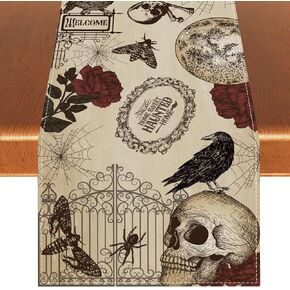 Linen Retro Halloween Table Runner Halloween Gothic Skull Tablecloth Day of The Dead Roses Skull Decor Halloween Decorations and Supplies for Home Kitchen Table-13×72’’