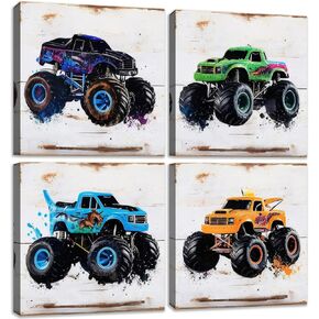 The Mode Art Monster Truck Wall Art 4 Pieces Prints for Kids Rooms Home Office Canvas Artwork Painted truck Theme Photos Wall Decor in the Boy's Bedroom Each Size: 12"x12"
