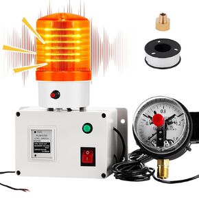 High Low Pressure Alarm Oil Pressure Warning Light Low Water Pressure Alarm Gas Air Pressure Industrial Sound Light Alarm w/Pressure Gauge 105dB Voice Flashing Light 110V