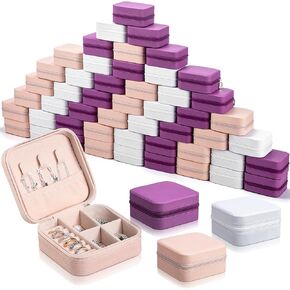 Batiyeer 50 Pcs Small Jewelry Travel Case Bulk Mini Jewelry Box Organizer Bridesmaid Proposal Gift Leather Earring Display (Pink Purple Blue)
