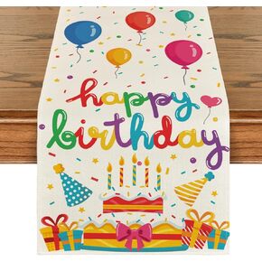 Artoid Mode Cakes Gift Hats Candle Happy Birthday Table Runner, Seasonal Kitchen Dining Table Decoration for Home Party Decor 13x72 Inch
