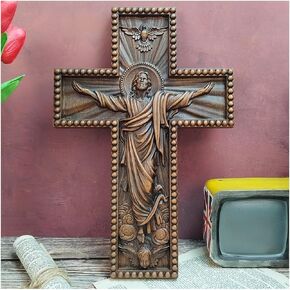 QIADGE Ascension of Jesus Handmade Cross Catholic Wall Decor Wooden Christian Decoration Gift Wood Carved Handmade Craft cross jesus cross for wall baptism favors wooden cross(10 * 8 in)