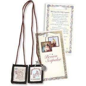 Our Lady of Mount Carmel Wool Scapular with St. Benedict and Crucifix, Catholic Devotional Accessory, 1 1/2" x 2", Durable Brown Cord