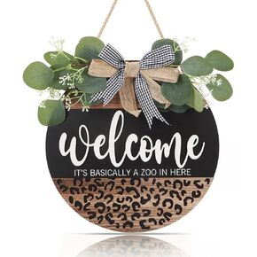 FWIEXA 3D Welcome Door Sign Wreath Wall Decor, It's Basically A Zoo in Here Round Wood Hanging Sign (11.4"x11.4"), Funny Hollow Leopard Pattern Decoration for Yard Garden Farmhouse Outdoor
