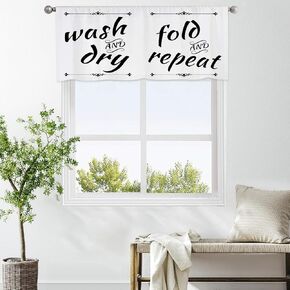 zokyer Laundry Valance Curtains for Kitchen Black and White Wash Dry Quotes Words Printed Simple Small Short Rod Pocket Panel Window Treatments for Living Room Bedroom Bathroom (52 x 18 Inch)