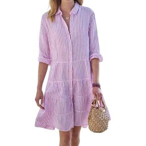 utcoco Women Striped Button Down Midi Shirt Dress Casual Loose Cuffed Long Sleeve Mid Long Dresses (Large, Pink)