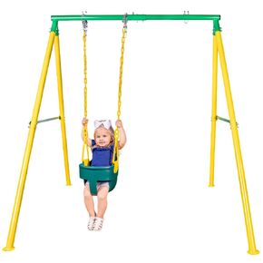 Heavy Duty Swing Set Frame with Bucket Swing - Safe & Durable Outdoor Playground Equipment for Kids - Green and Yellow