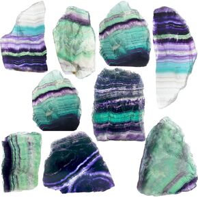 1/2LB Multi Fluorite slices natural healing quartz irregular mineral crystal decoration gemstone specimen with wooden stand for flat marbles home office decor gift, DIY projects collection bulk stones