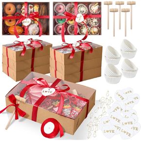 Zhanmai 20 Set Strawberries Boxes with Window 10x7x2.5 Inch Bakery Chocolate Covered Boxes with Paper Cupcake Liners Gavel Love Tag Ribbon Raffia for Cookies Donuts Pies Cakes Muffins Pastries(Brown)