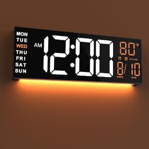 JALL 16" Large Digital Wall Clock, Remote Controlled with 2 Alarms, LED Display, 8 RGB Color, Auto DST, Temperature for Living Room, Bedroom, or Desk, Mounted Decor, Gift for Elderly, White+Orange