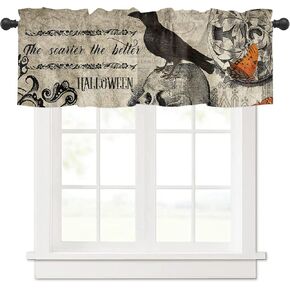 Window Valance Curtain Vintage Halloween Skull Crow Valance Tier Curtain Blackout Rod Pocket Curtain Valance for Kitchen/Bedroom/Living Room//Bathroom, 1 Panel, 54 x 18 Inch