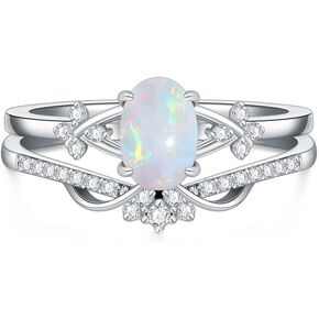 1CT Opal Rings for Women,925 Sterling Silver Oval Opal Engagement Ring Bridal Set with Cubic Zirconia Opal Wedding Promise Ring Opal Jewelry