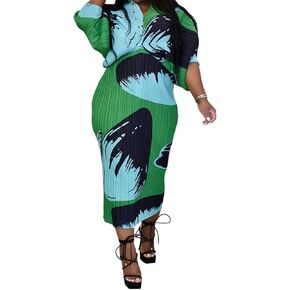 African Print Dresses for Women, V-Neck Floral Pleated Midi Dress