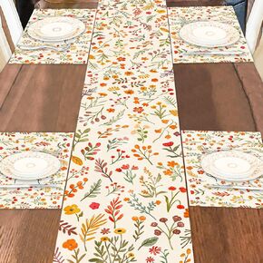 White Wildflowers Floral Leaves Decorative Fall Thanksgiving Table Runner, Seasonal Autumn Harvest Farmhouse Kitchen Dining Table Decoration for Indoor Outdoor Home Party 13x72 Inch