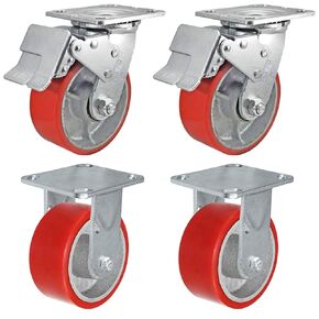 CasterHQ - 5" x 2" Total Lock Caster Set of 4-2 Total Locking Swivel & 2 Rigid Casters - with Red Polyurethane on Steel Wheel - 4,000 lbs Capacity per Set of 4