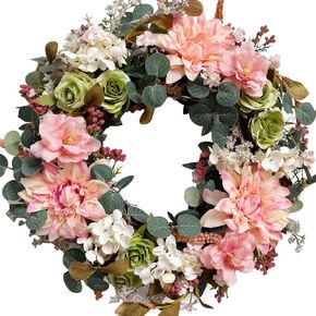 TEMPUS 18Inch Artificial Wreath Spring Summer Dahlia Rose Wreath Silk Spring to Autumn Wreath for Front Door Garden Party Home Wall Wedding Decor