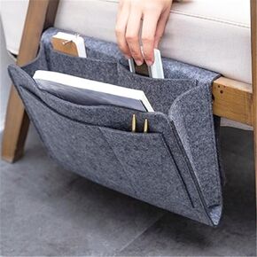 Bringsine Bedside Caddy, Felt Bed Storage Organizer Hanging Bag Holder with 5 Pockets for Magazine Book Phone Tablet iPad Cables Remote & Water Bottle Holder Home Dorm Bed Sofa-Light Gray