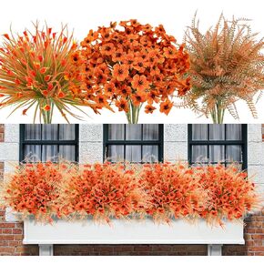 Uieke 72PCS Artificial Mums for Outdoors Fake Fall Outdoor Violet Flowers Orange Calla Lilly and Autumn Ferns No Fade for Outside Window Box Porch Planters Garden Decor