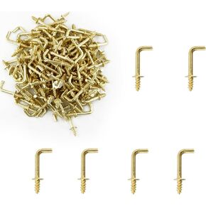 150PCS Mini Right Angle Screw Hooks 3/4 Inch Brass Plated L Hooks, Screw-in Square Bend Hooks, Gold Mini Shoulder Hook Screw Self-Tapping Screws Hooks