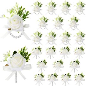 XunYee 20 Pieces Ivory Rose Wrist Corsage and Boutonniere Set, Men Ivory Corsages Wristlet Band Bracelet Artificial White Prom Flower Wrist Corsage for Wedding Bride Groom Prom Suit Decorations
