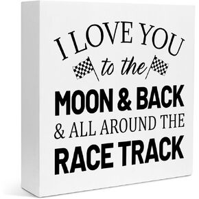 I Love You To The Moon And Back And All Around The Race Track Wood Box Sign Desk Decor,Farmhouse Racing Checkered Flags Box Block Sign for Home Boys Room Shelf Table Decor Decorations