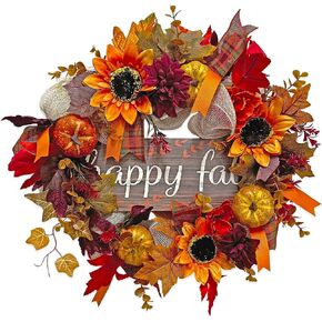 20 Inch Artificial Fall Wreaths for Home Front Door Rustic Autumn Wreath with Pumpkin, Sunflower, Mixed Leaves, Happy Fall Sign, Large Wreath for Halloween Thanksgiving Indoor Outdoor Decorations