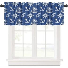 Anchor Valance Curtains Retro Abstract Nautical Navy Blue White Rod Pocket Curtain Valance for Kitchen Bedroom Living Room Decor 1 Panel W54xL18 Inch