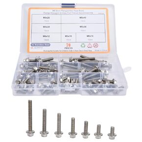 Flanged Hex Head Bolts 70 Pcs M5 Flange Hexagon Screws Stainless Steel Flanged Hex Head Bolts Assortment Kit Hardware Accessory