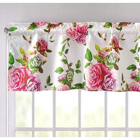 DaDa Bedding Romantic Roses Floral Window Curtain Valance - Semi Sheer Natural Lighting Pink White Straight Tailored Edge - Lovely Blooming Spring Bright Vibrant Colorful Kitchen Decor - 18" x 52"