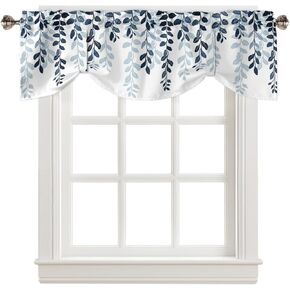 Navy Blue Botanical Tie Up Valance Curtains for Windows, Ombre Abstract Art Kitchen Curtains Window Treatments, Pastoral Leaf Short Window Shades Valances for Bedroom Bathroom Cafe 54"x18"