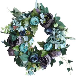 Artificial Peony Flower Wreath Door Wreath with Green Leaves Spring Wreath for Front Door, Wedding, Wall, Home Decor Blue