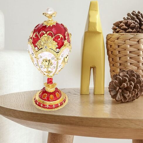 صندوق حلية بيض فابرجيه العتيق باللون الذهبي والأحمر الإمبراطوري صندوق حلية جميل بالمينا الغنية وأحجار الراين المتلألئة لتخزين الهدايا الفاخرة وديكور المنزل ومجموعة in Kuwait