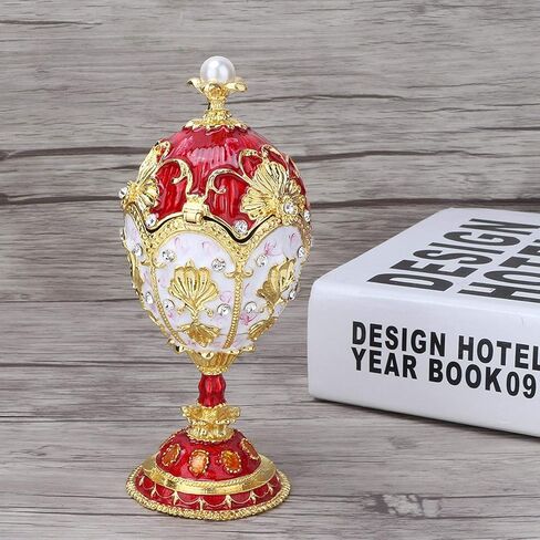 صندوق حلية بيض فابرجيه العتيق باللون الذهبي والأحمر الإمبراطوري صندوق حلية جميل بالمينا الغنية وأحجار الراين المتلألئة لتخزين الهدايا الفاخرة وديكور المنزل ومجموعة in Kuwait