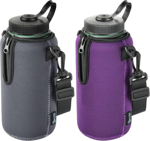 Beautyflier 2pcs Neoprene Water Bottle Sleeve Insulator Cooler, Compatible with Nalgene Water Bottle 32OZ, with Adjustable Shoulder Strap for Hydro Flask Wide Mouth Bottle 32oz, etc. (Black, 2pcs) in Saudi Arabia