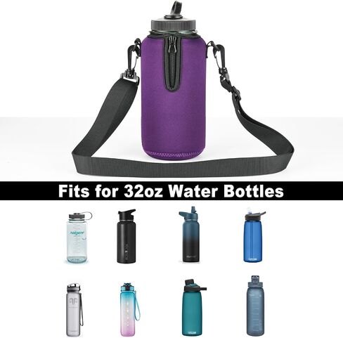 Beautyflier 2pcs Neoprene Water Bottle Sleeve Insulator Cooler, Compatible with Nalgene Water Bottle 32OZ, with Adjustable Shoulder Strap for Hydro Flask Wide Mouth Bottle 32oz, etc. (Black, 2pcs) in Saudi Arabia