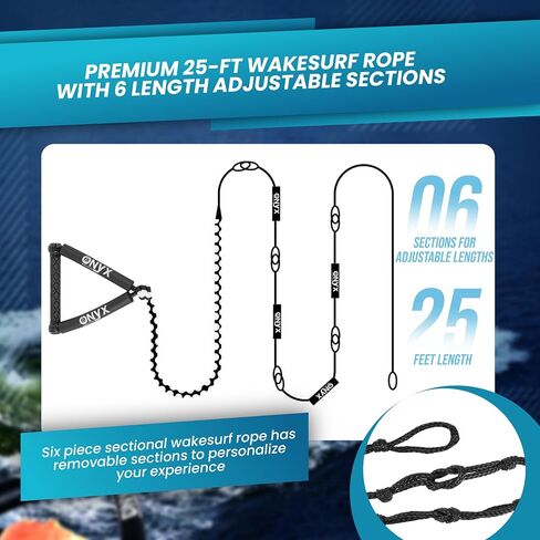 25ft Premium Braided Wake Surf Rope with 10" EVA Handle - 6 Adjustable Sections - Floating Watersport Ropes for Wake Surfing in Saudi Arabia